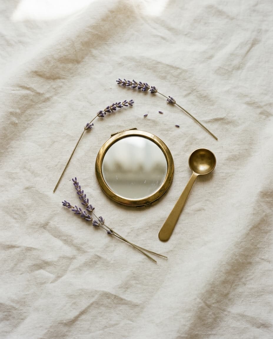 Miroir vintage en laiton, cuillère doseuse et brins de lavande sur lin écru