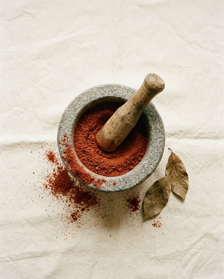 Mortier de pierre et pilon de bois avec poudre terracotta, feuilles séchées
