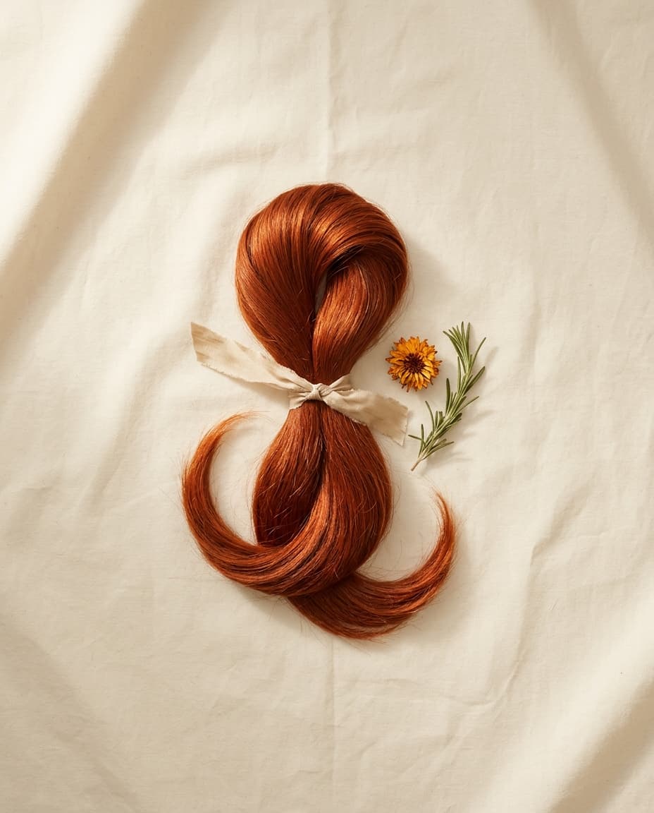 Mèche de cheveux cuivrée enroulée et nouée d'un ruban de soie, souci séché et romarin