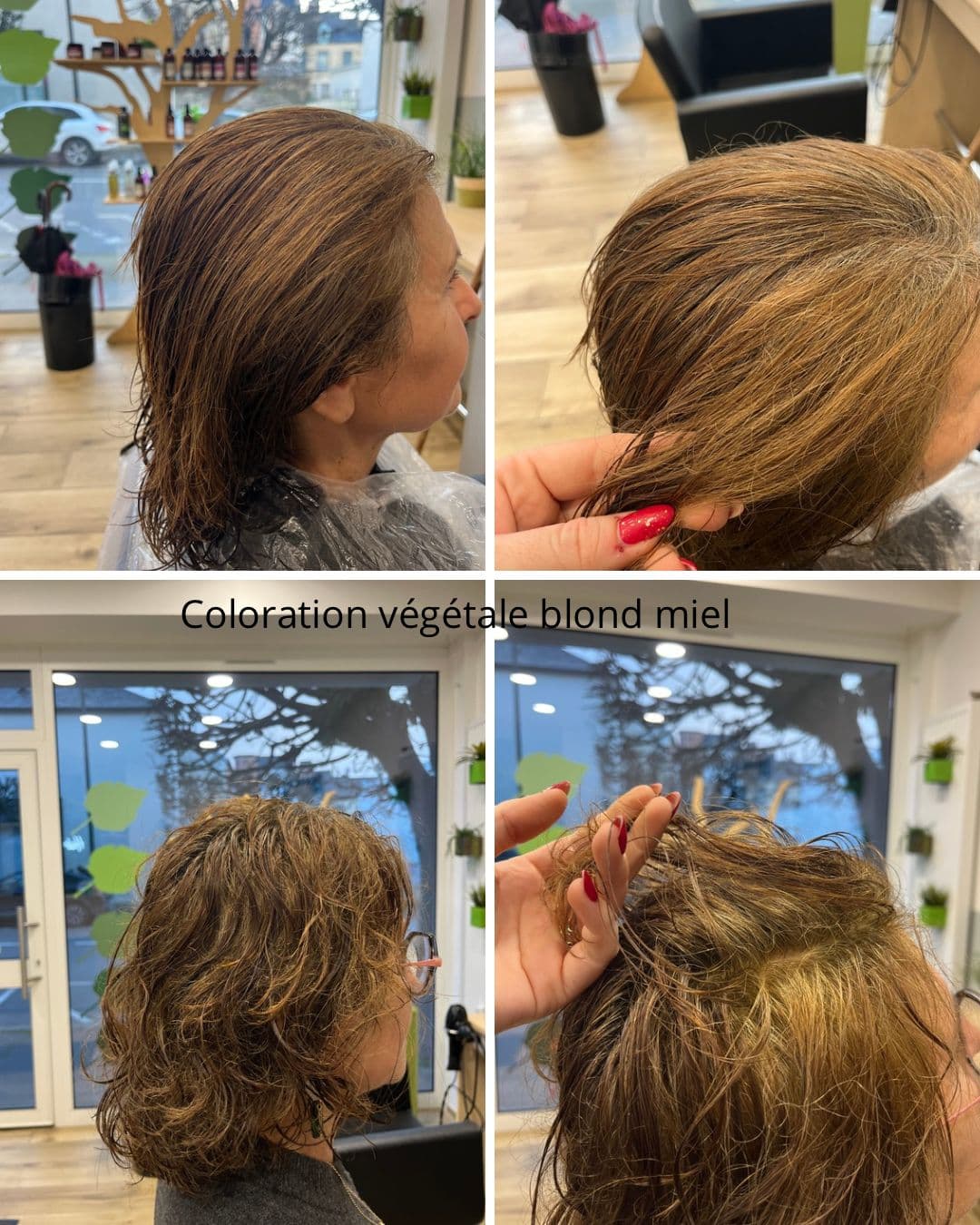 Avant après d'une coloration végétale blond miel sur cheveux mi-longs