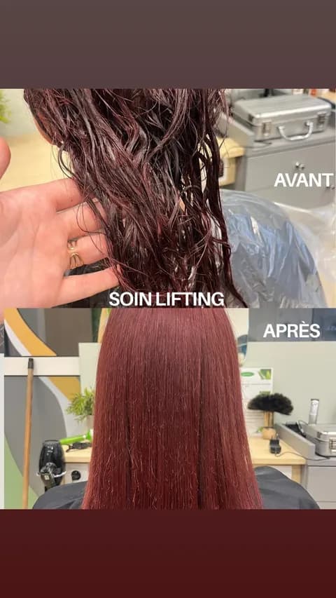 Avant après d'un soin lifting Hair sur cheveux auburn