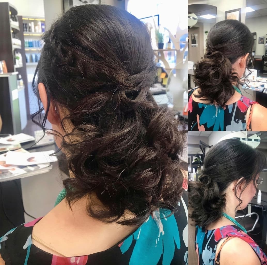 Chignon flou brun en trois vues