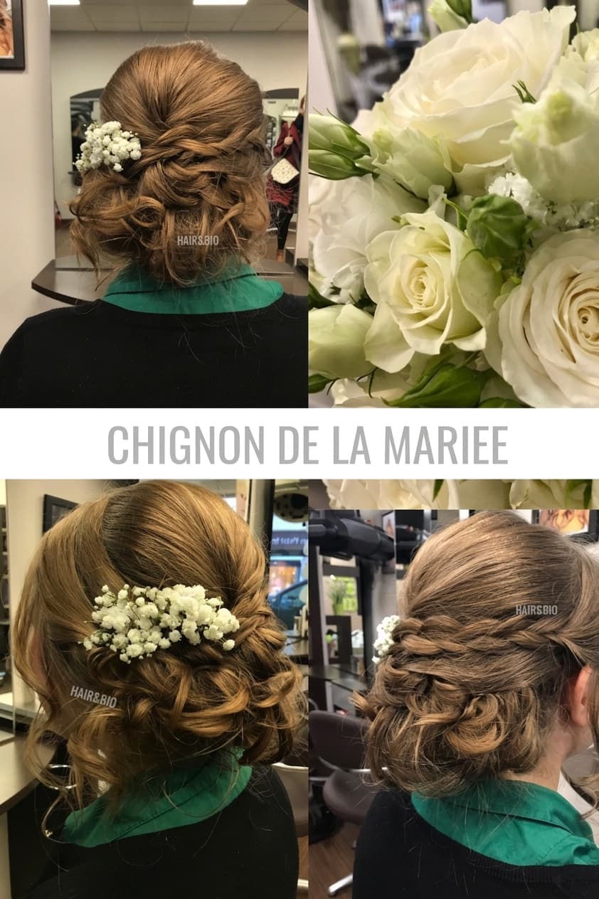 Chignon de mariée orné d'un bouquet de roses blanches, triptyque