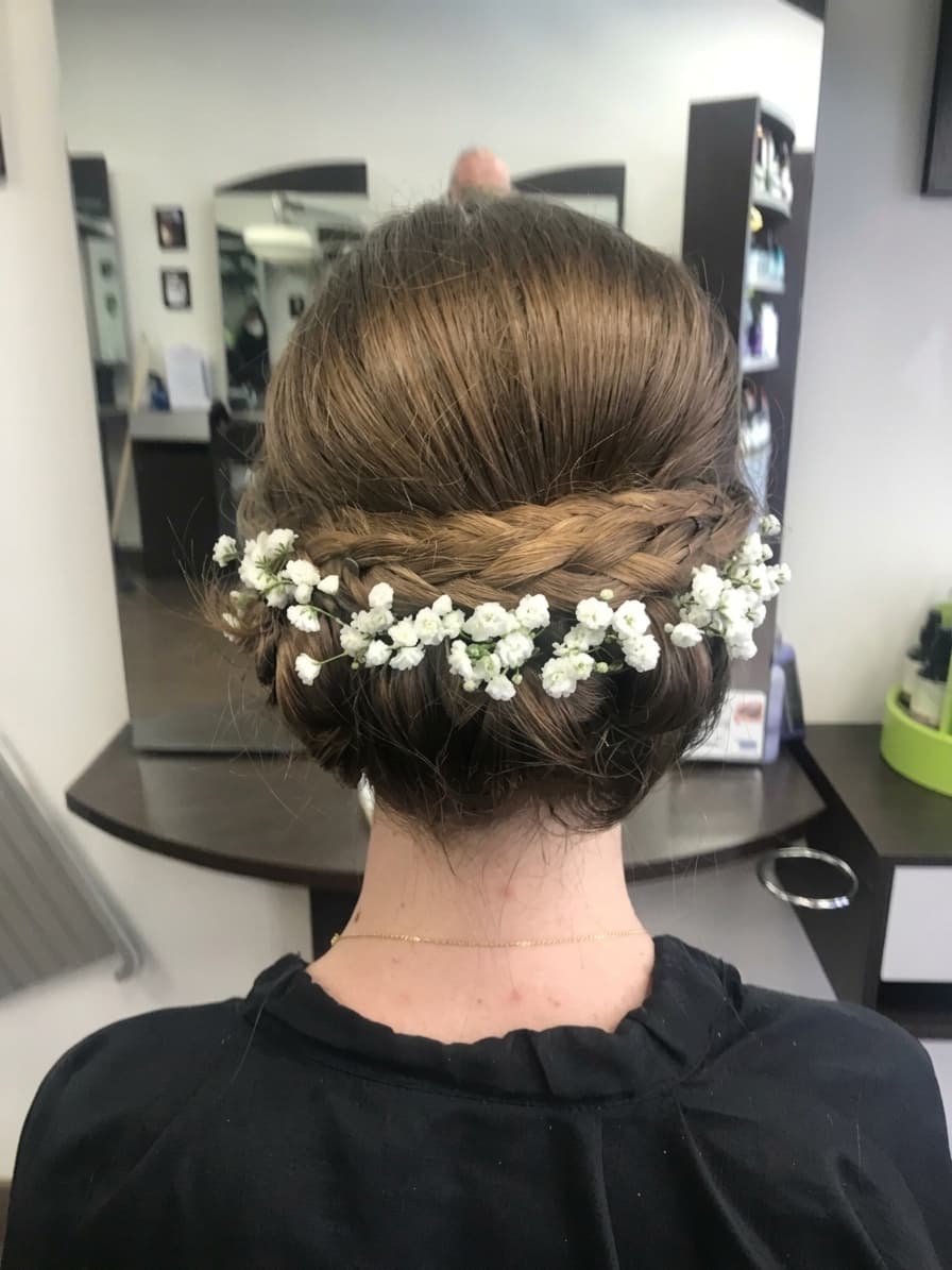 Chignon tressé bas avec gypsophile, vue de dos